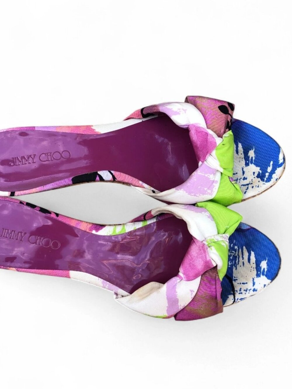 JIMMY CHOO Panna Purple Gleam Cork Wedge Shoes Women's 38 US 8 Slip On Sandals